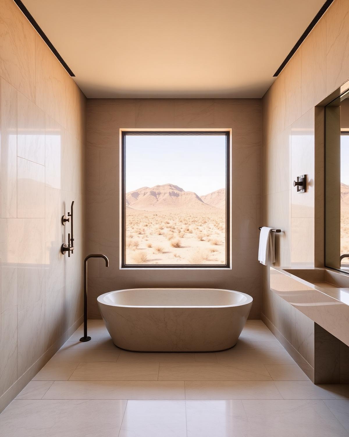 Spa bathroom with stone soaking tub and desert view