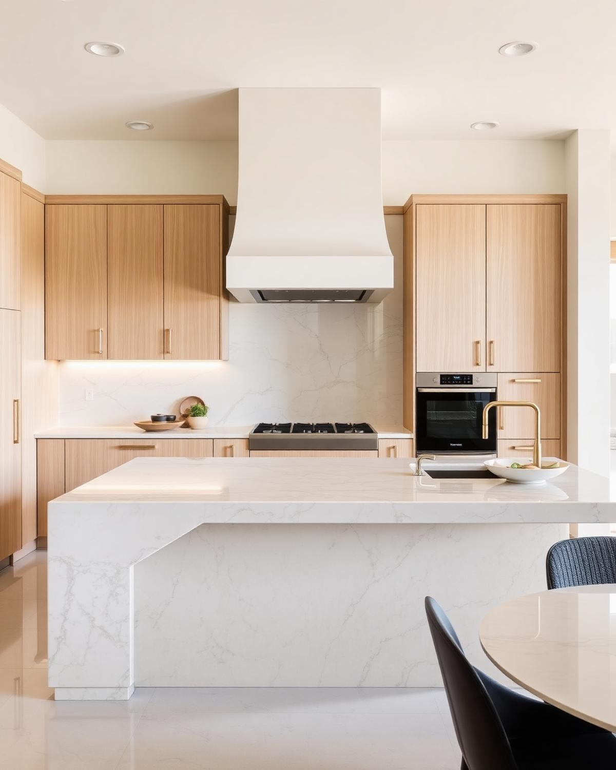 Luxury kitchen with waterfall stone island and white oak cabinetry